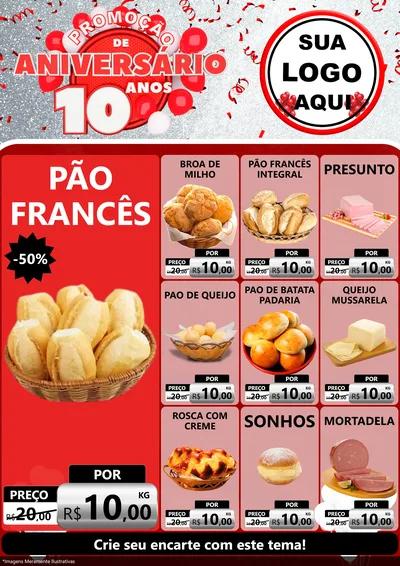 Modelo de Encarte para Encarte A4 Vertical com o tema Promoção de Aniversário - 10 Anos para Padaria