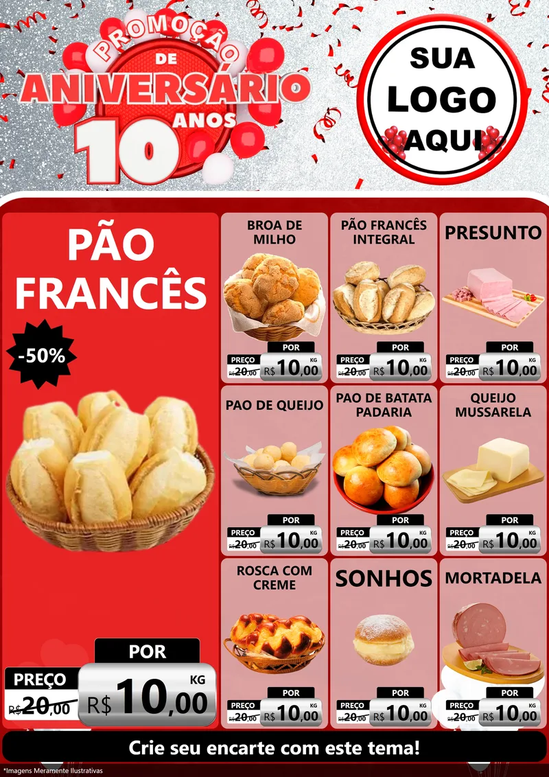 Modelo de Encarte para Encarte A4 Vertical com o tema Promoção de Aniversário - 10 Anos para Padaria