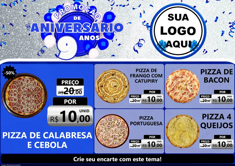 Modelo de Encarte para Encarte A4 Horizontal com o tema Promoção de Aniversário - 9 Anos para Pizzaria
