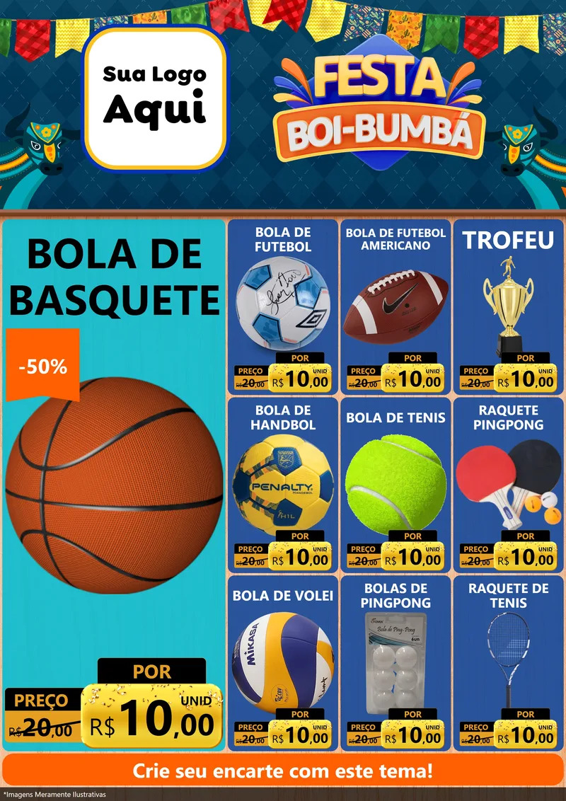 Modelo de Encarte para Encarte A4 Vertical com o tema Festa Boi Bumbá para Artigos Esportivos