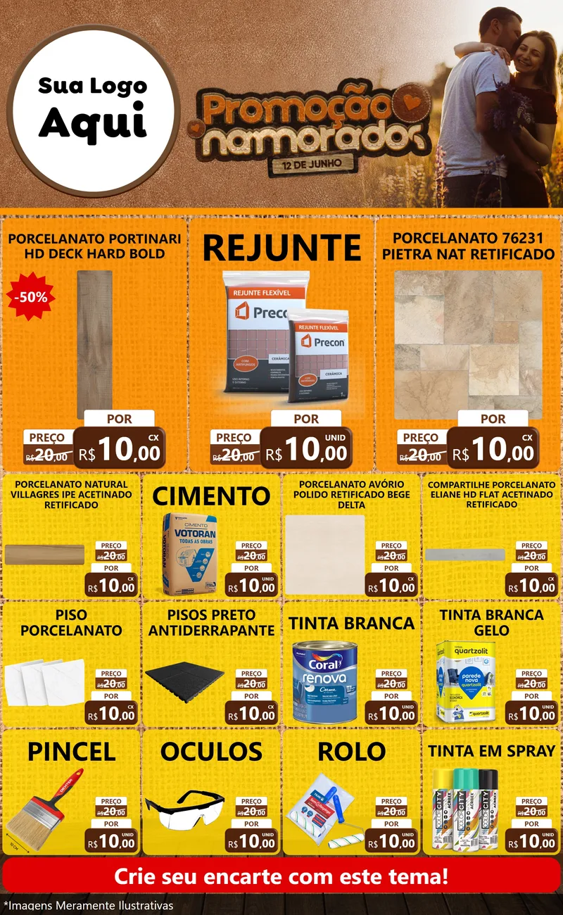 Modelo de Encarte para Encarte Grande com o tema Promoção Namorados para Pisos e revestimentos