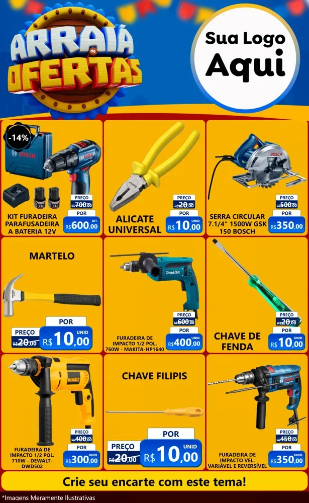Modelo de Encarte para Encarte Grande com o tema Arraiá de Ofertas - Junina para Maquinas e Ferramentas