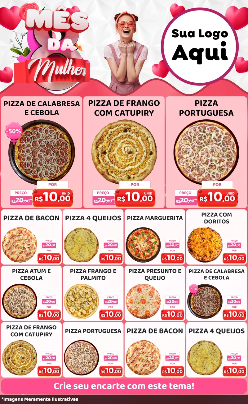 Modelo de Encarte para Encarte Grande com o tema Mês da Mulher para Pizzaria