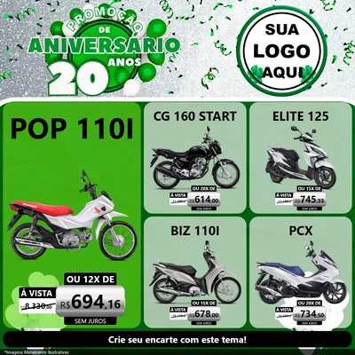 Modelo de Rede Social para Feed Facebook com o tema Promoção de Aniversário - 20 Anos para Concessionaria de Motos