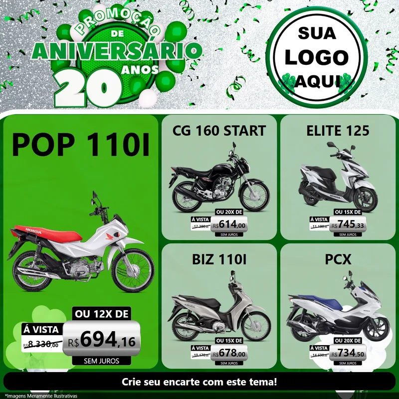 Modelo de Rede Social para Feed Facebook com o tema Promoção de Aniversário - 20 Anos para Concessionaria de Motos