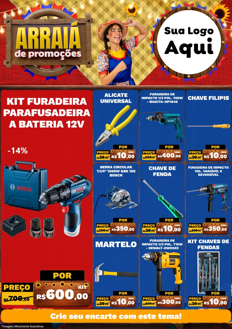Modelo de Encarte para Encarte A4 Vertical com o tema Arraiá de Promoções para Maquinas e Ferramentas