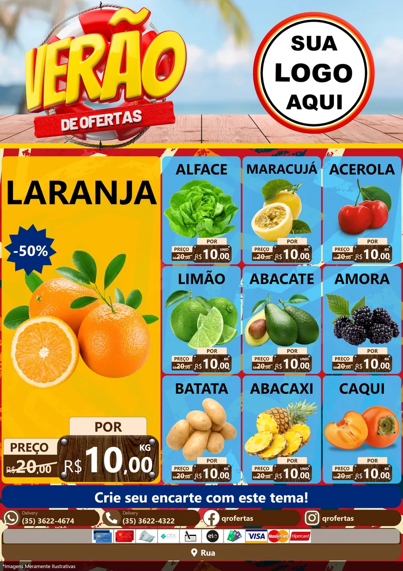 Modelo de Encarte para Encarte A4 Vertical com o tema Verão de Ofertas para Hortifrúti