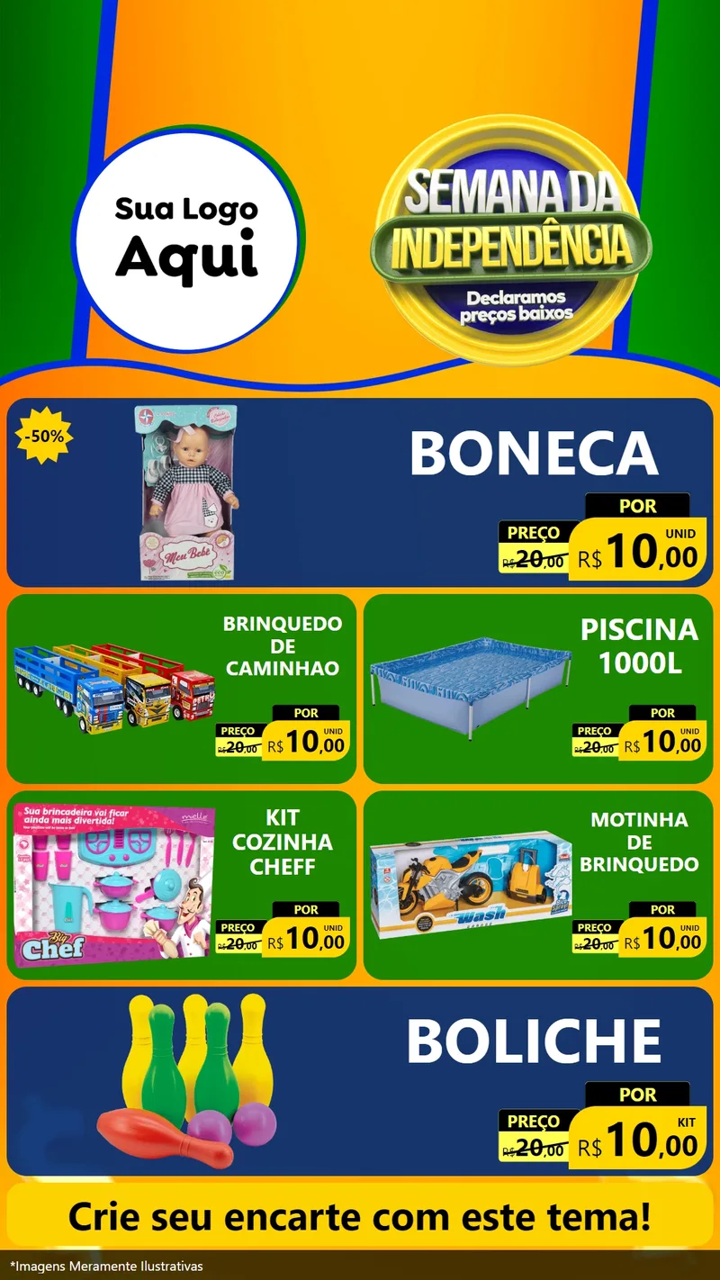 Modelo de TV para TV Vertical com o tema Semana da Independência Declaramos Preços Baixos para Brinquedos