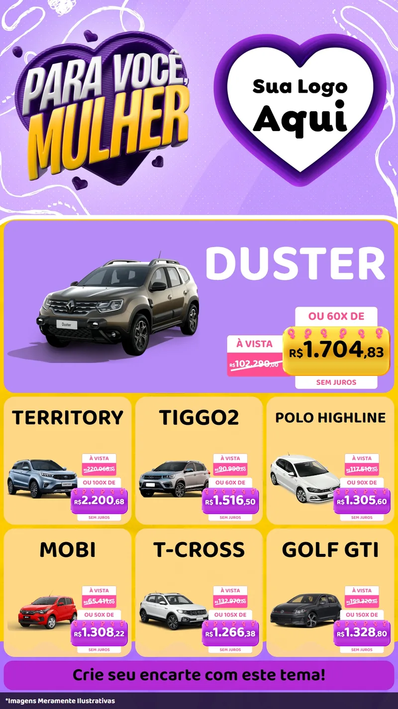 Modelo de Rede Social para Stories com o tema Para Você, Mulher para Concessionaria de Carros