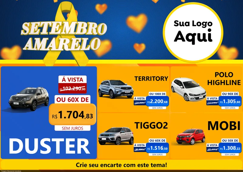Modelo de Encarte para Encarte A4 Horizontal com o tema Setembro Amarelo para Concessionaria de Carros