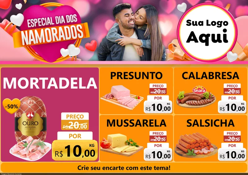 Modelo de Encarte para Encarte A4 Horizontal com o tema Especial Dia dos Namorados para Frios e Laticínios