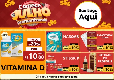 Modelo de Encarte para Encarte A4 Horizontal com o tema Comece Julho Economizando para Farmácia