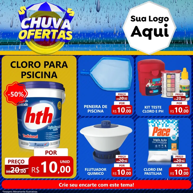 Modelo de Rede Social para Feed Facebook com o tema Chuva de Ofertas para Produtos para Piscina