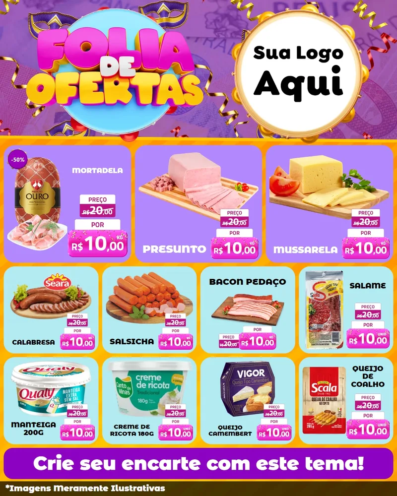Modelo de Rede Social para Feed Instagram com o tema Folia de Ofertas para Frios e Laticínios