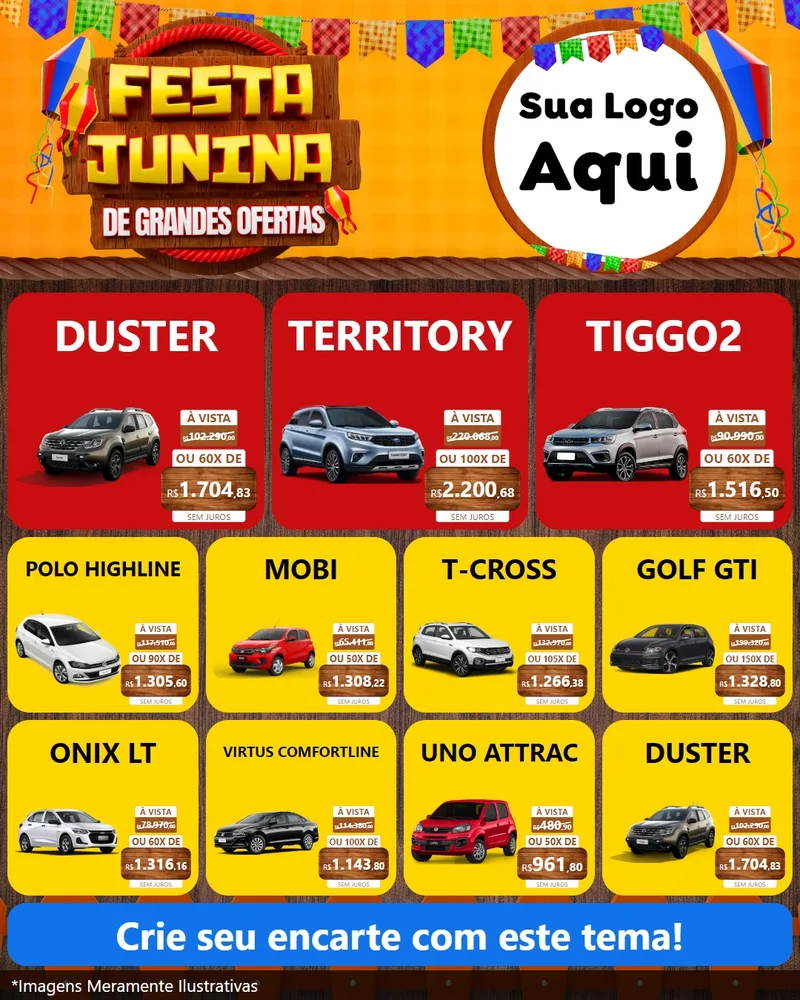 Modelo de Rede Social para Feed Instagram com o tema Festa Junina de Grandes Ofertas para Concessionaria de Carros