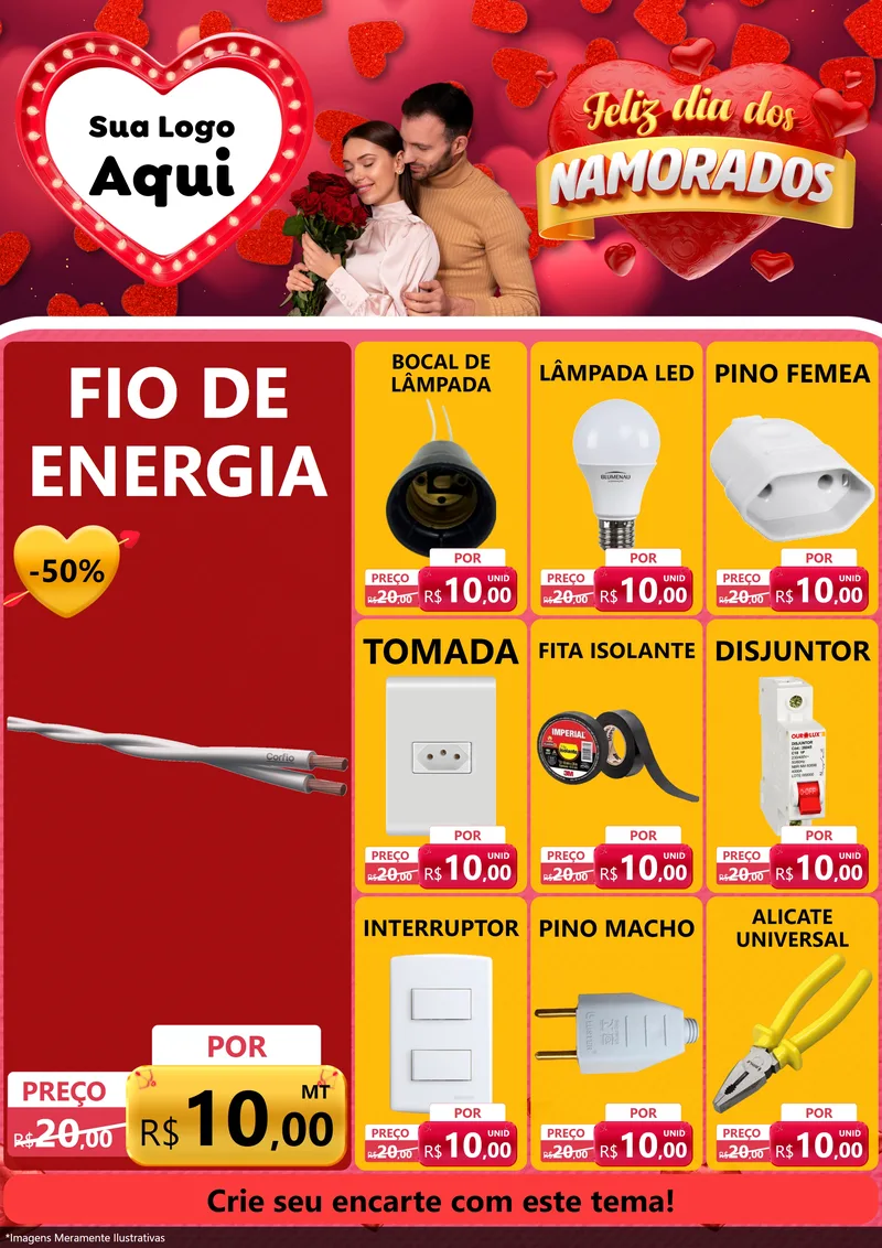 Modelo de Encarte para Encarte A4 Vertical com o tema Feliz Dia Dos Namorados para Materiais Elétricos