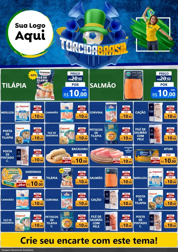 Modelo de Encarte para Encarte A4 Vertical com o tema Torcida Brasil - Copa para Peixaria
