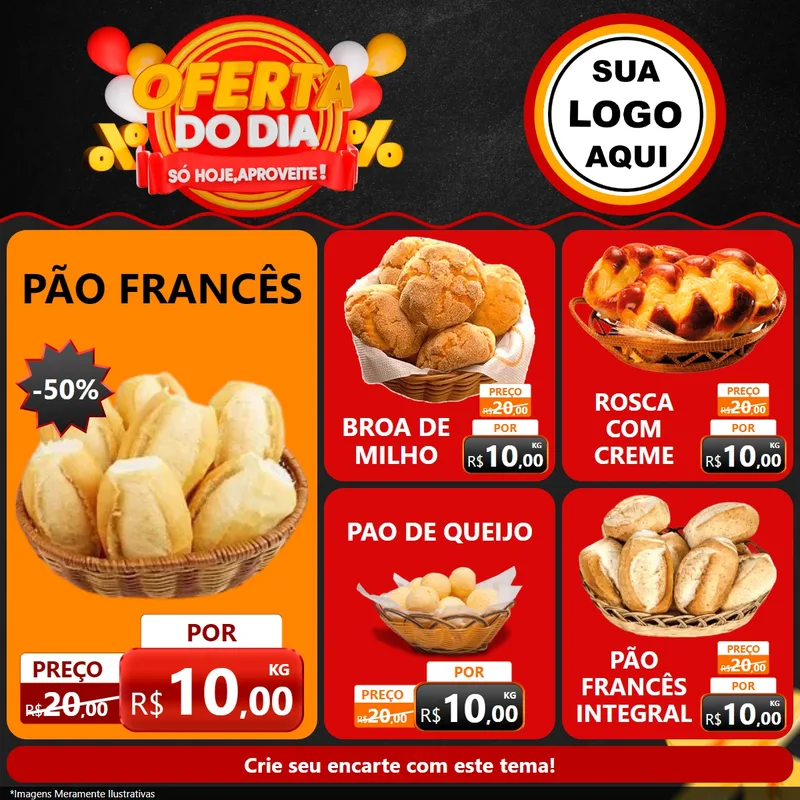 Modelo de Rede Social para Feed Facebook com o tema Oferta do Dia - Só hoje, Aproveite! para Padaria