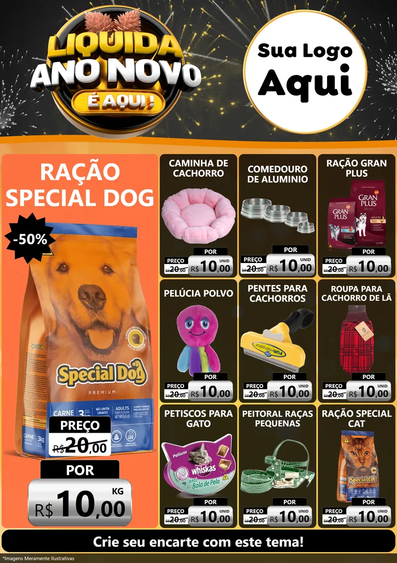 Modelo de Encarte para Encarte A4 Vertical com o tema Liquida Ano Novo É Aqui! para Pet Shop