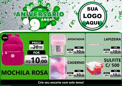 Modelo de Encarte para Encarte A4 Horizontal com o tema Promoção de Aniversário - 9 Anos para Papelaria