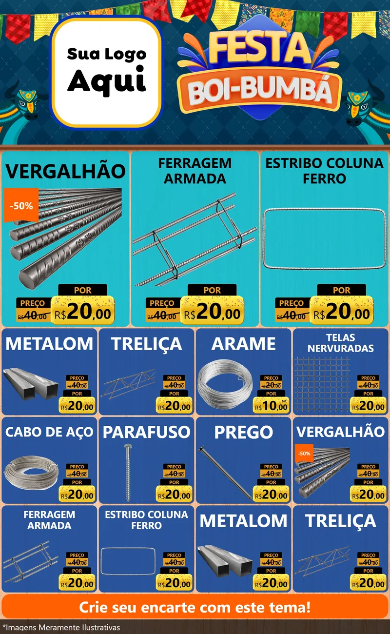 Modelo de Encarte para Encarte Grande com o tema Festa Boi Bumbá para Ferragens