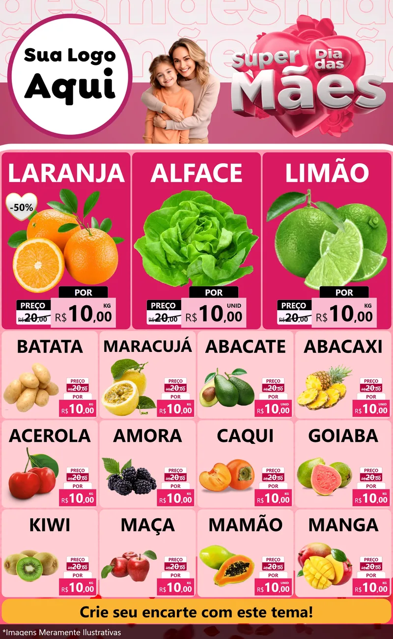 Modelo de Encarte para Encarte Grande com o tema Super Dia Das Mães para Hortifrúti