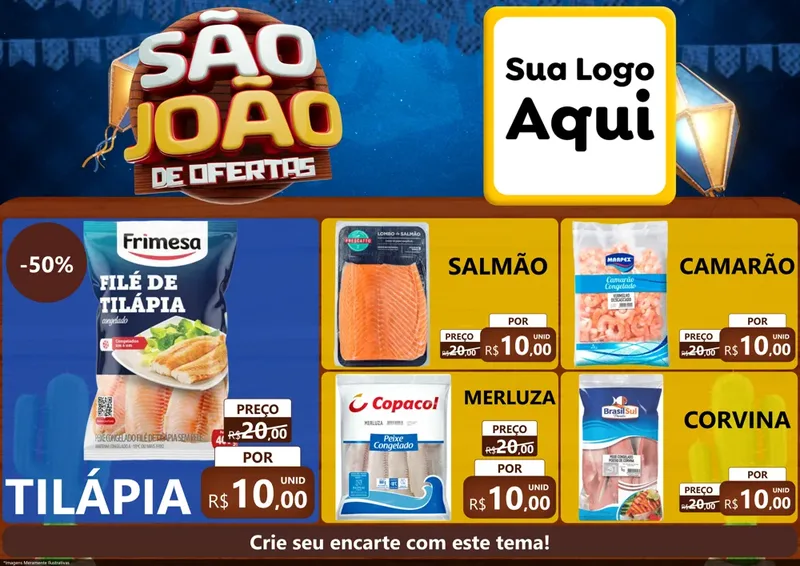 Modelo de Encarte para Encarte A4 Horizontal com o tema São João Ofertas Imbatíveis! - Junina para Peixaria