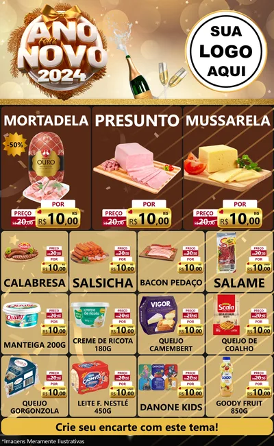 Modelo de Encarte para Encarte Grande com o tema Feliz Ano Novo 2027 para Frios e Laticínios