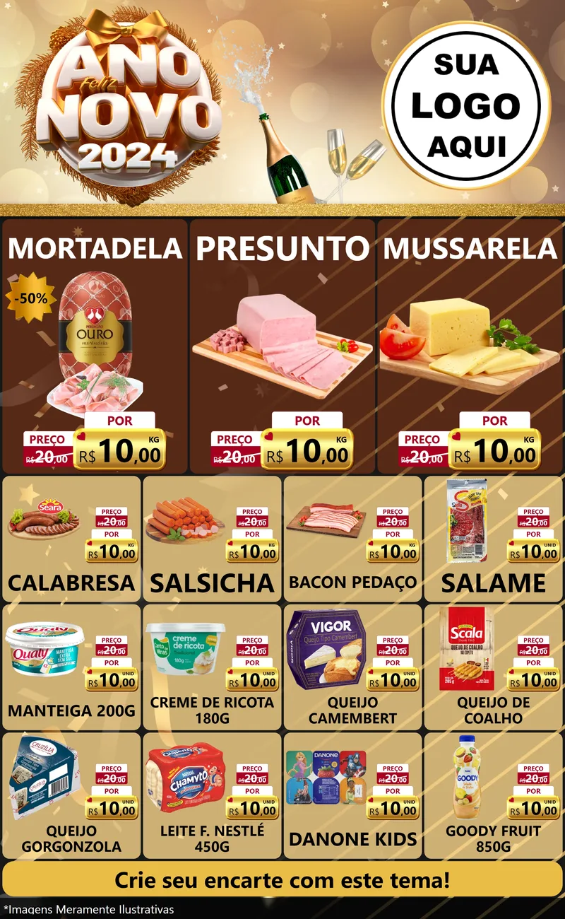 Modelo de Encarte para Encarte Grande com o tema Feliz Ano Novo 2027 para Frios e Laticínios