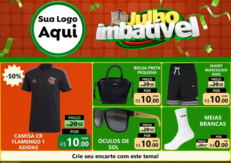Modelo de Encarte para Encarte A4 Horizontal com o tema Julho Imbatível para Roupas e acessórios