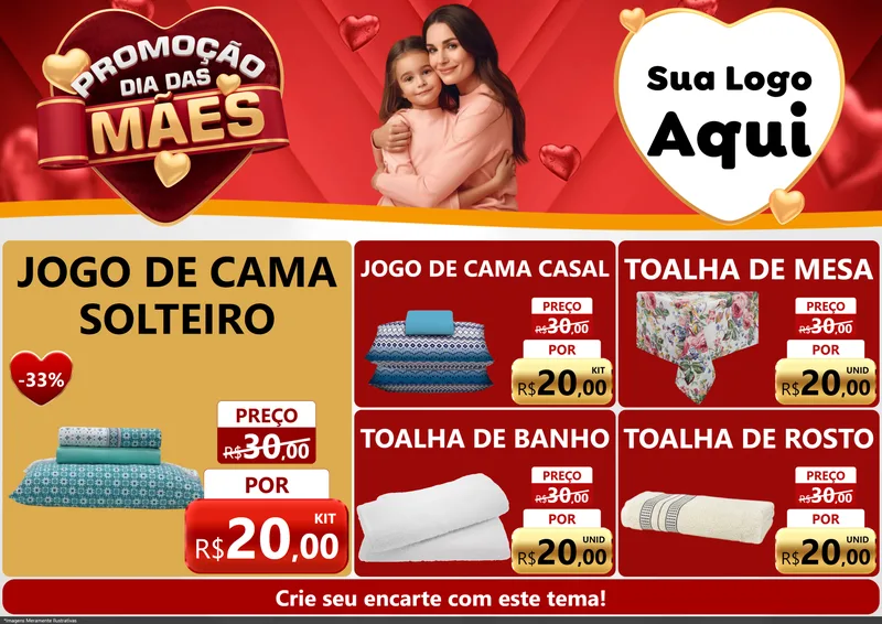 Modelo de Encarte para Encarte A4 Horizontal com o tema Promoção Dia das Mães para Cama, Mesa e Banho