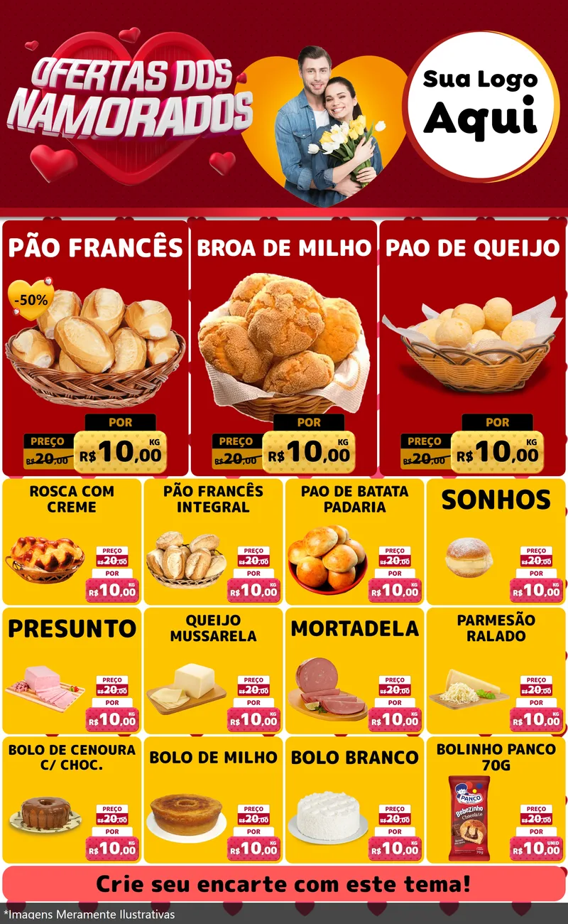 Modelo de Encarte para Encarte Grande com o tema Ofertas Dos Namorados para Padaria