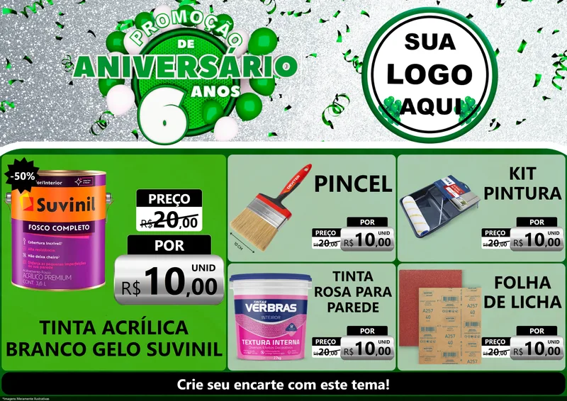 Modelo de Encarte para Encarte A4 Horizontal com o tema Promoção de Aniversário - 6 Anos para Tintas e Ferramentas