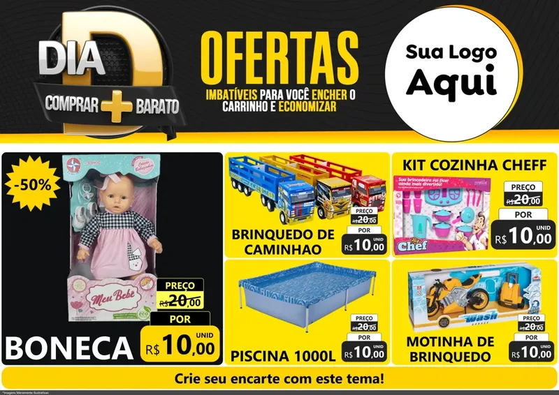 Modelo de Encarte para Encarte A4 Horizontal com o tema Dia D Mais Economia para Brinquedos