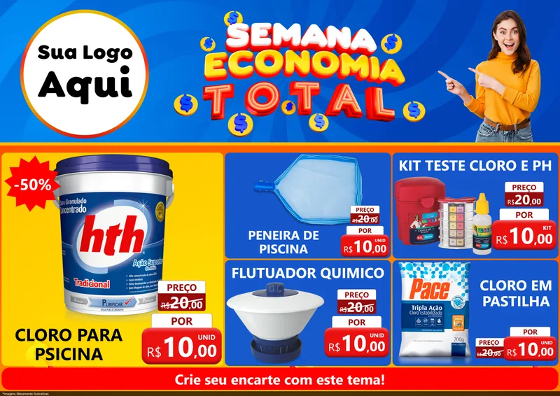 Modelo de Encarte para Encarte A4 Horizontal com o tema Semana Economia Total para Produtos para Piscina