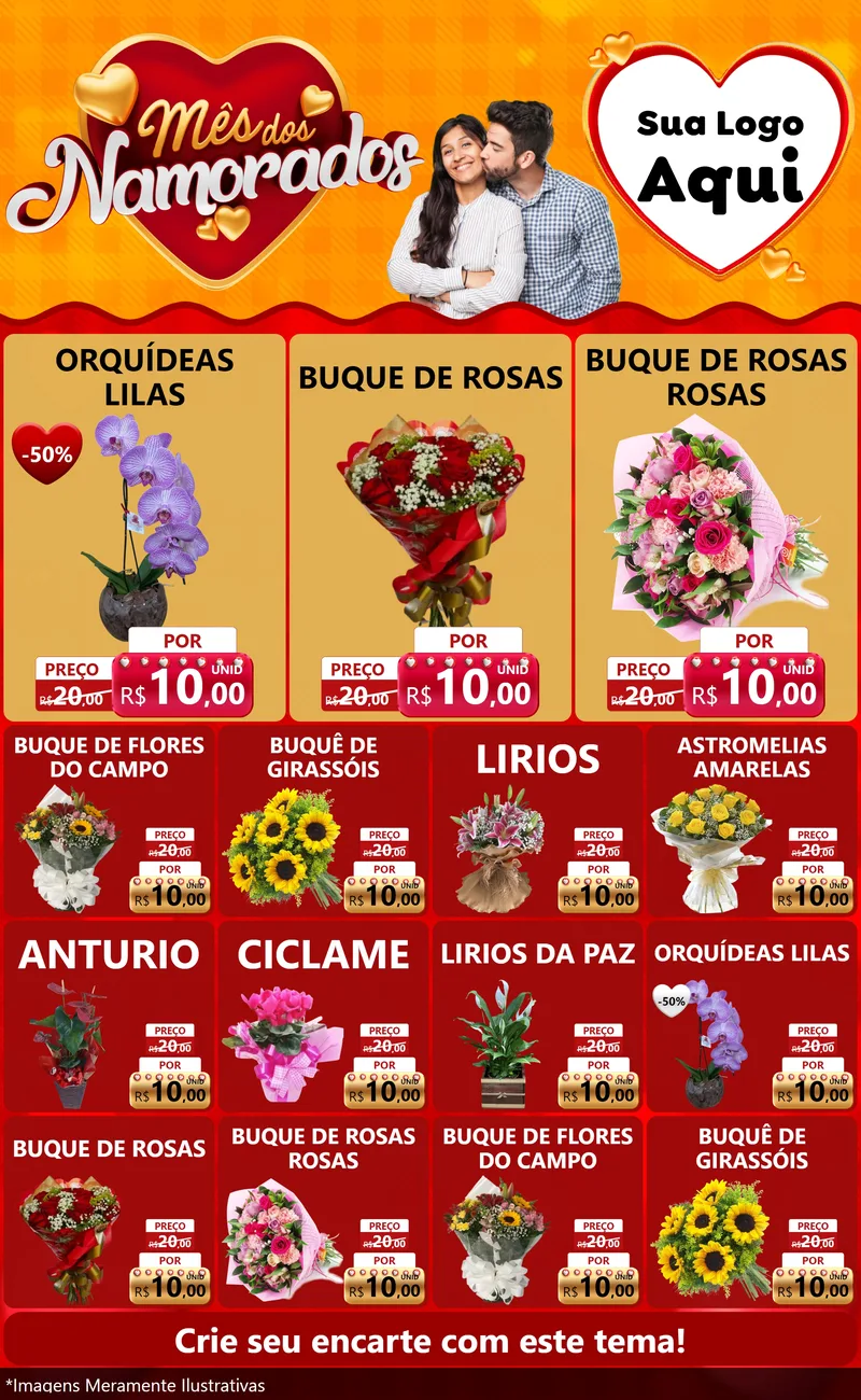 Modelo de Encarte para Encarte Grande com o tema Mês dos Namorados para Floricultura e jardim