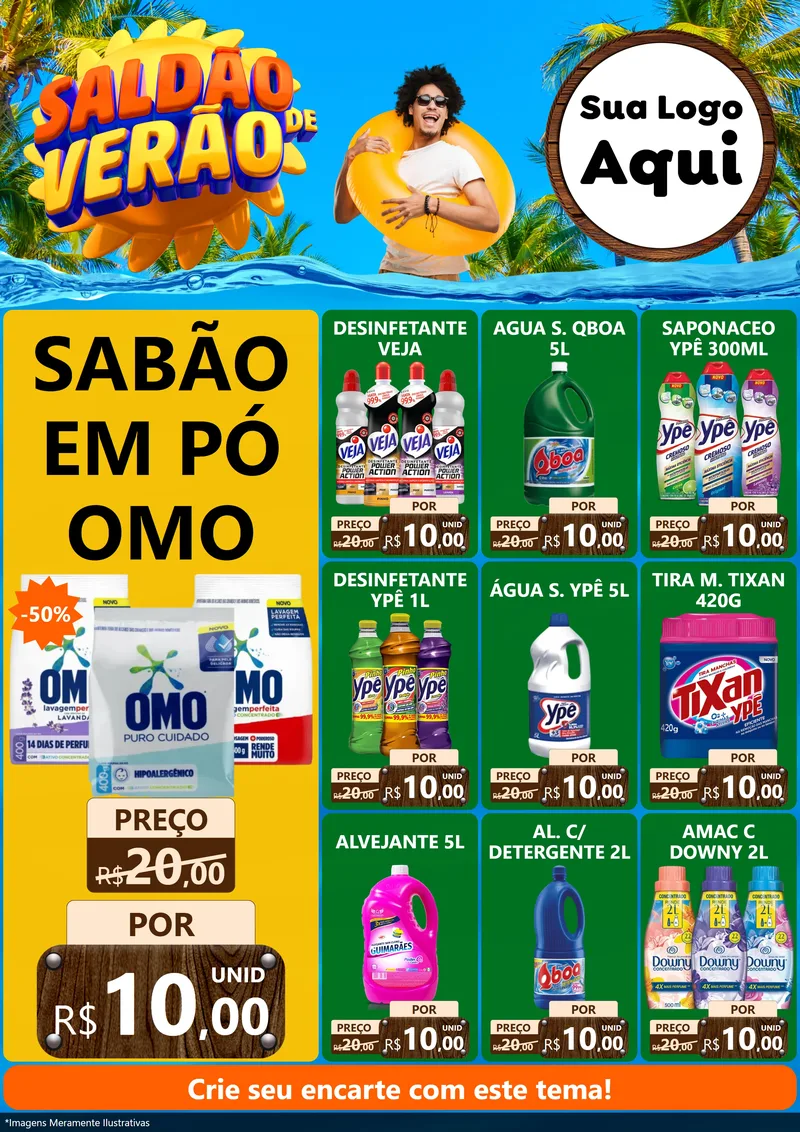 Modelo de Encarte para Encarte A4 Vertical com o tema Saldão de Verão para Produtos de Limpeza