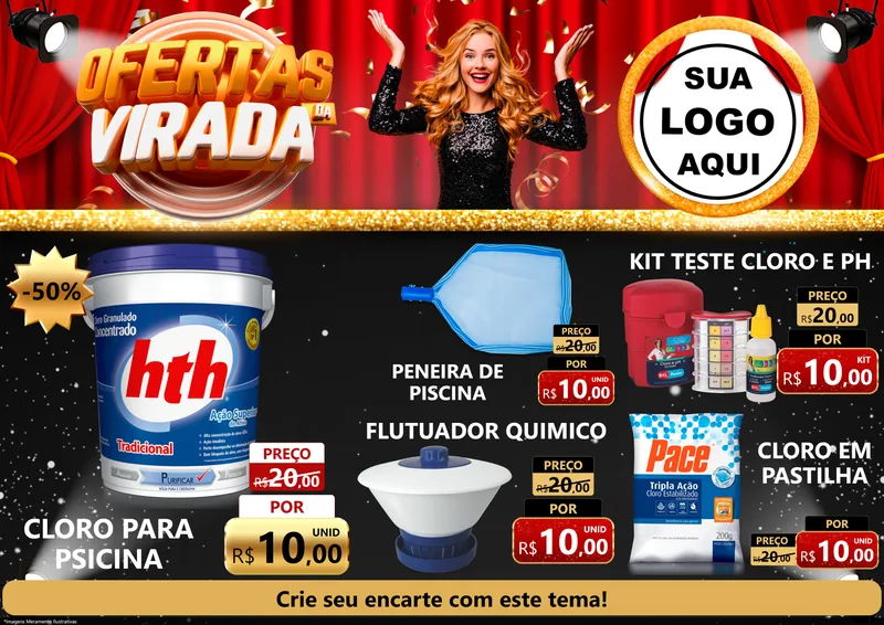 Modelo de Encarte para Encarte A4 Horizontal com o tema Ofertas da Virada para Produtos para Piscina