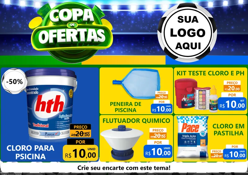 Modelo de Encarte para Encarte A4 Horizontal com o tema Copa de Ofertas para Produtos para Piscina