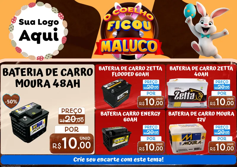 Modelo de Encarte para Encarte A4 Horizontal com o tema O Coelho Ficou Maluco - Páscoa para Baterias Elétricas