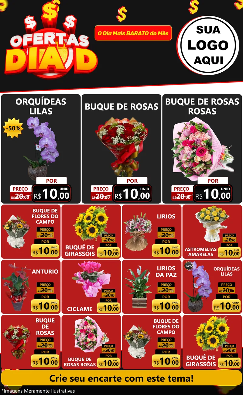 Modelo de Encarte para Encarte Grande com o tema Ofertas Dia D para Floricultura e jardim