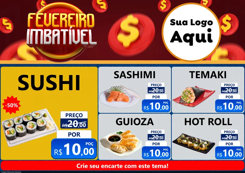 Modelo de Encarte para Encarte A4 Horizontal com o tema Fevereiro Imbatível para Comida japonesa