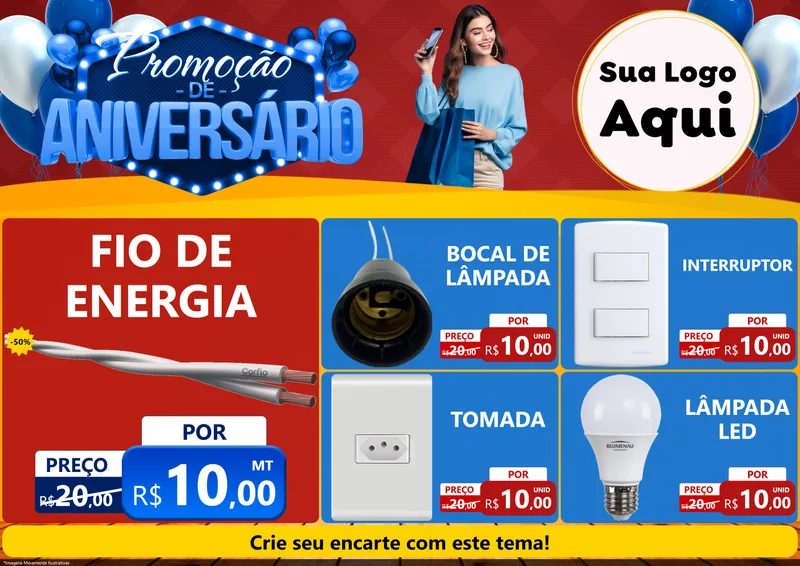 Modelo de Encarte para Encarte A4 Horizontal com o tema Promoção de Aniversário para Materiais Elétricos