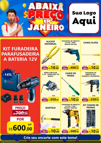 Modelo de Encarte para Encarte A4 Vertical com o tema Abaixa Preço em Janeiro para Maquinas e Ferramentas