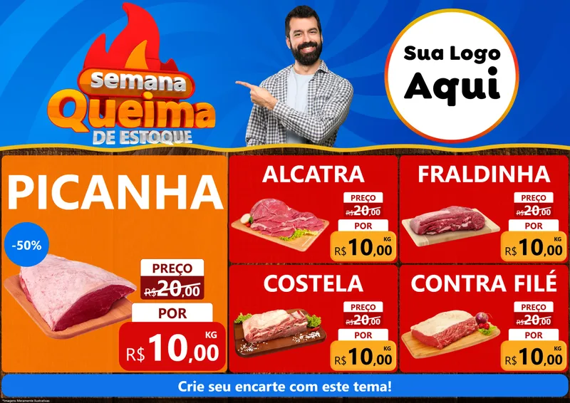 Modelo de Encarte para Encarte A4 Horizontal com o tema Semana Queima de Estoque para Açougue