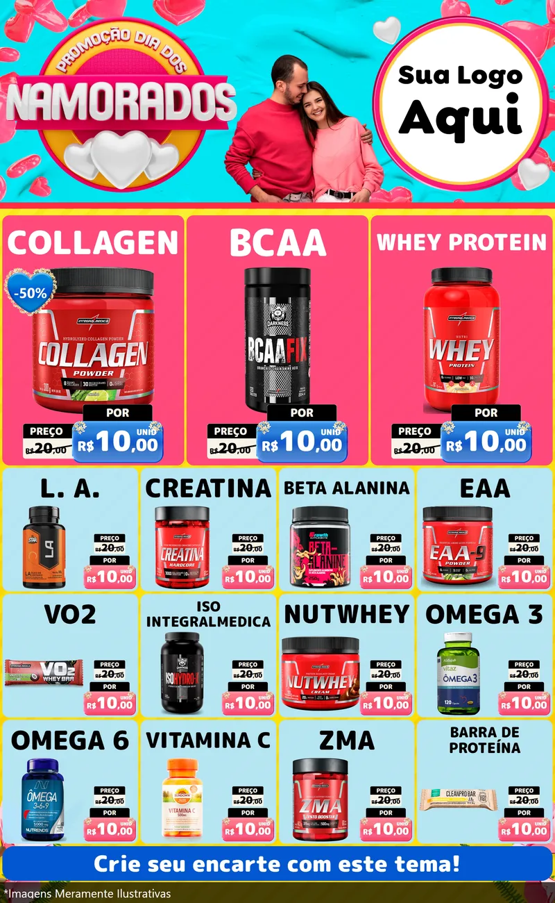 Modelo de Encarte para Encarte Grande com o tema Promoção Dia dos Namorados para Suplementos alimentares