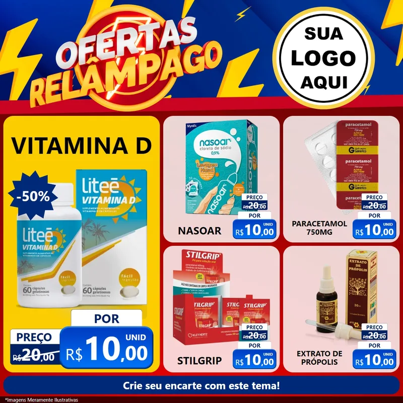 Modelo de Rede Social para Feed Facebook com o tema Ofertas Relâmpago para Farmácia