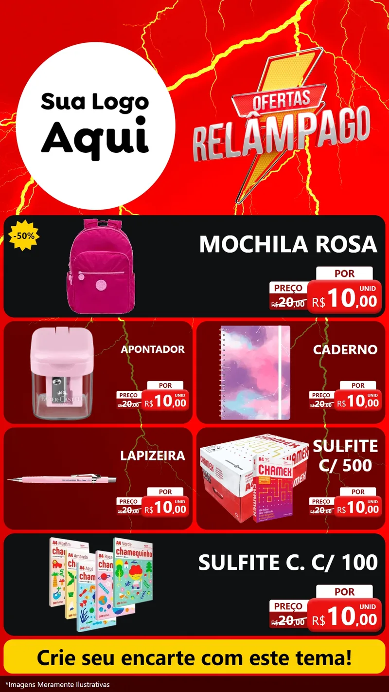 Modelo de TV para TV Vertical com o tema Ofertas Relâmpago para Papelaria