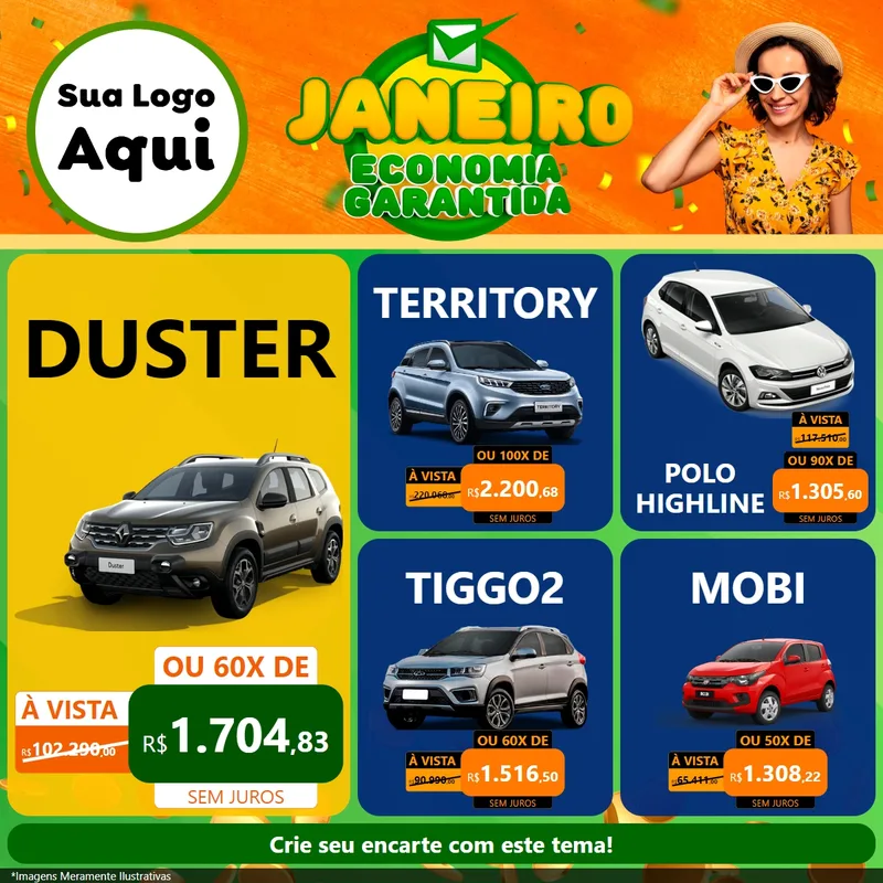Modelo de Rede Social para Feed Facebook com o tema Janeiro - Economia Garantida para Concessionaria de Carros