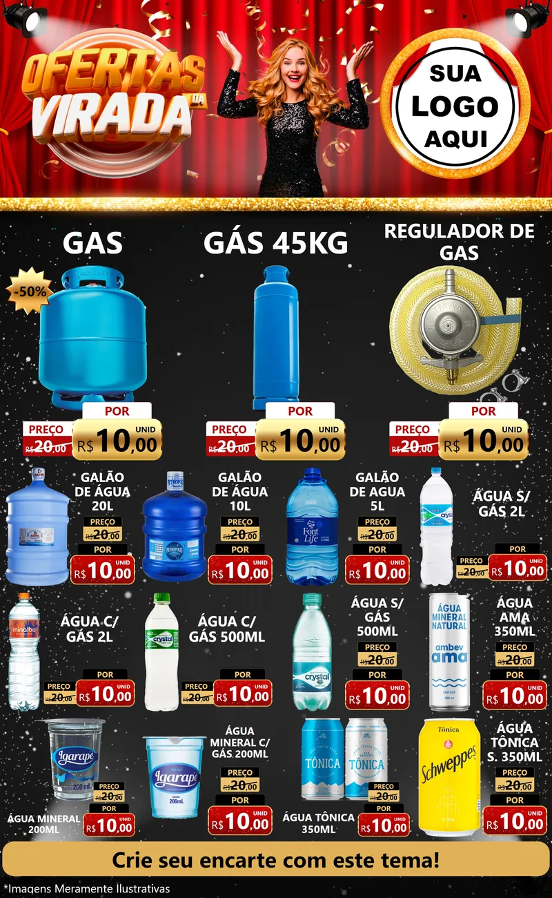 Modelo de Encarte para Encarte Grande com o tema Ofertas da Virada para Água e gás